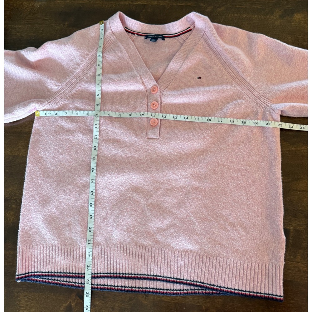 Tommy Hilfiger Womens Pink Henley V-Neck Sweater XL Cotton Blend Logo Stripe Hem - Picture 6 of 6